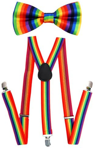 Hugfads 2-teiliges Set: Regenbogen-Fliege und Hosenträger für LGBT Pride Events und Party Dress Up - Lebendige Farben für auffälligen Stil