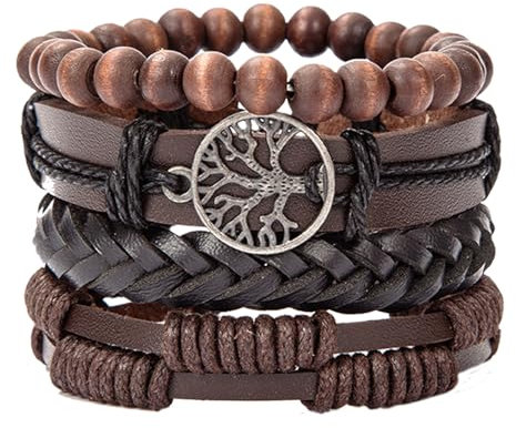 HAORQEE Bracelets en cuir pour homme - Perles d'arbre de vie - Multicouches - Vintage - Corde tressée réglable - Cadeaux pour homme (marron), Adjustable, Cuir