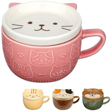 Taza de gato, linda taza de cerámica con tapa, tazas divertidas de gato, taza de café o taza de té para amantes de los gatos, regalo para mujeres, amigos, niños, Navidad, cumpleaños, 300 ml (rosa)