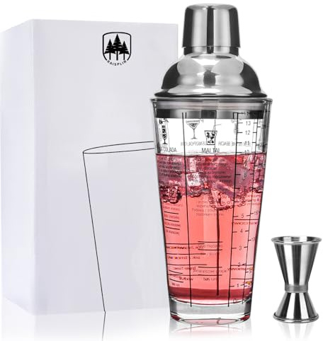 Raisaplin 14 oz Crystal Glass Cocktail Shaker - Features Double Sided Shaker, Leak Proof Metal Steel Lid with Strainer, Handy Recipe Printed on The Side, for Martini, Margarita, Beginner Drink Making