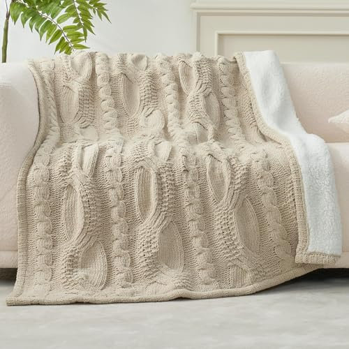 Amélie Home Cable Knit Sherpa Throw Blanket for Couch, Chenille Reversible Soft Cozy Fleece Throw Blankets for Bed Sofa Chair Living Room Comfortable Home Spring Decor, 50x60, Beige