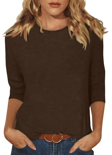 Womens 3/4 Sleeve Tops Solid Color Casual Gym Fashion Daily T-Shirts Ladies Lightweight Summer Round Neck Blouses
