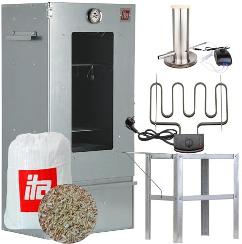 ITA Fumoir Électrique 7002 - Set Smoker avec Chauffage, Table, générateur de fumée - Armoire à Fumage avec fenêtre & thermomètre - Acier Inoxydable - Qualité UE - 81 cm avec 3 Niveaux
