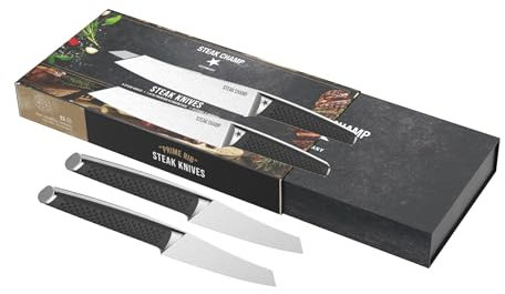 Steak Champ set de cuchillos Prime Rib: cuchillos de acero para carne, mango antideslizante, hoja de 12,5 cm, ideal para filetes, lomo alto y carnes a las brasas, incluye caja de regalo, 4 piezas