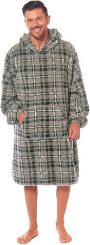 Mens Hooded Blanket Oversized Warm Soft Sherpa Fleece Comfy & Fluffy Wearable Throw Giant Sweatshirt with Front Pocket One Size Fits All (Grey Check)