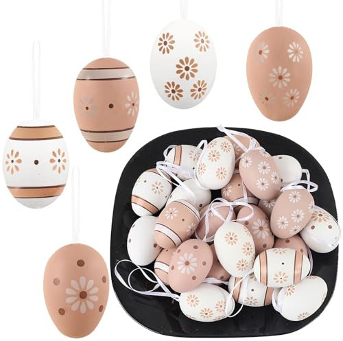HERZONE 24pcs Ostereier Plastikeier zum Aufhängen Eier Ostern Deko Osterdeko mit tollen Mustern, Ostereier Basteln Kunststoffeier, Größe: 6x4cm (braun weiß)