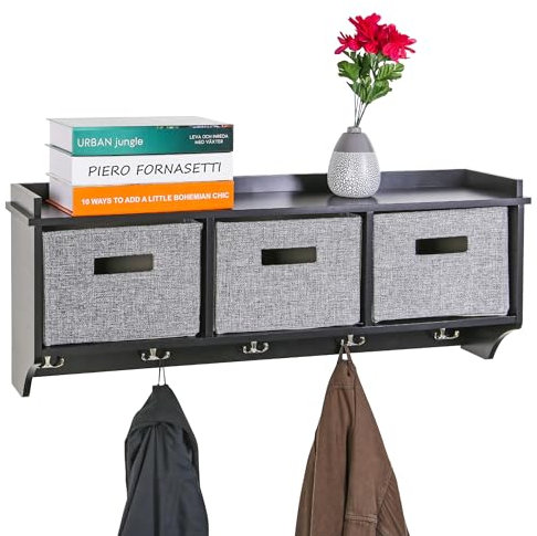 Taylor & Brown Black Wooden Wall Mounted 5 Hook Coat Rack Display Storage Unit Shelf Modern Hallway Organiser Hooks Stand Hat with 3 Fabric Baskets - W90 x D20 x H34cm