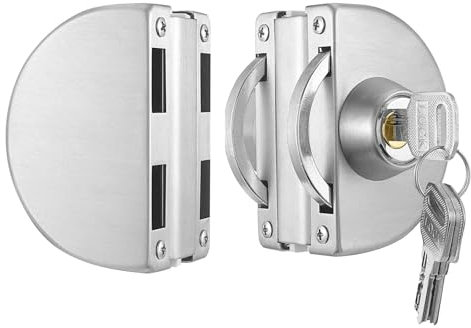 Cerradura de puerta de cristal con doble perno de acero inoxidable, sin marco, cierre de doble puerta corredera, seguridad con 3 llaves, apta para puertas de cristal de 10 mm-12 mm (plata)