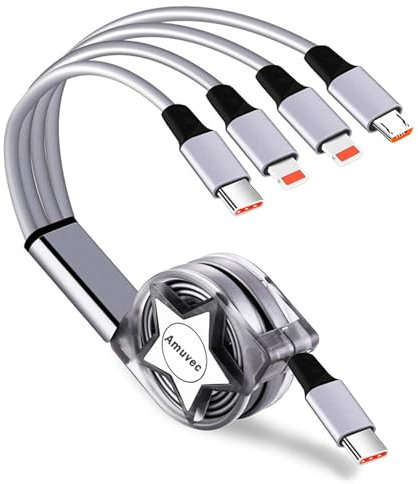 Amuvec USB C to Multi 4 in 1 Retractable Charging Cable, 1M 3A Fast Charger Cables with 2*iP Type C Micro USB Connector, for Phone, Tab, Samsung Galaxy, Huawei, Moto, Sony, Nokia, Oppo, PS4