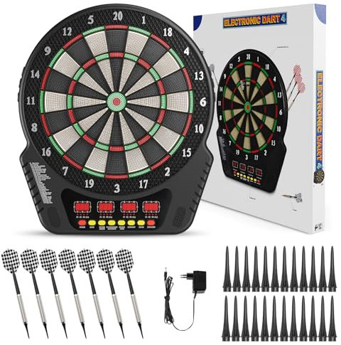 Hoyiyobi Dartscheibe Elektronisch, Dartscheibe Elektronisch Profi 27 Spiele, 4 LED Displays,Elektronische Dartscheiben für Erwachsene Kinder,mit 243 Varianten,für Hause Partys Garten 1 bis 16 Spieler