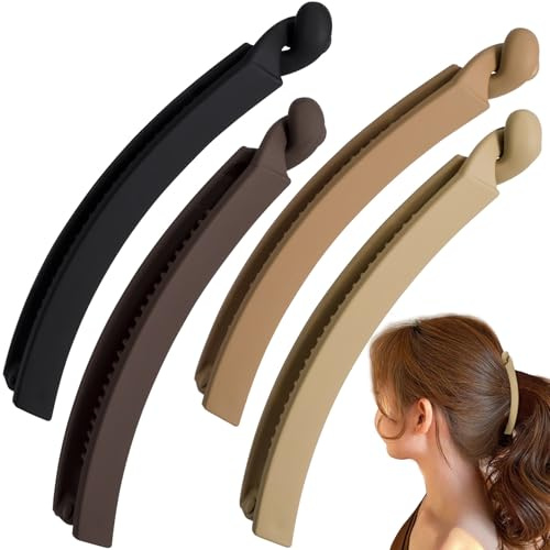 Winsyison 4pcs Banana Hair Clips, Non-Slip Large Hairstyle Claws for Women, Vintage 90s Double Combs Hairpin Accessories for Thick Thin Fine Curly Straight Long Hair- Brown & Coffee & Black & Khaki
