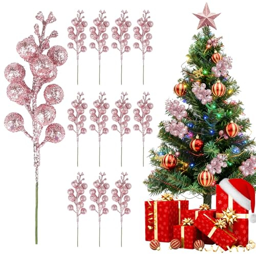 Zweige Deko Weihnachten, 12 PCS Stäbchen Weihnachten Glitzer Beeren Stiele, Rote Beeren schmücken Weihnachtsbaum, Weihnachtsbaum Deko Biegbar, für Baum DIY Handwerk Hochzeit Winter Kranz (Rosa)