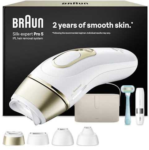 Braun Epilateur Lumiere Pulsee Silk·expert Pro 5 PL5442, Blanc et Or – Alternative au Laser à Domicile, Filaire, avec Pochette, Rasoir Gillette Venus, 4 Têtes