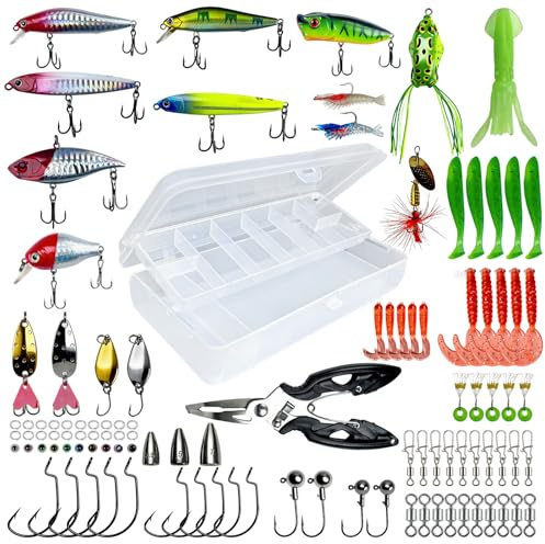 130 PCS Fishing Lure Accessories Mixed Including Spinners，Soft Baits,Jigs,Minnow,Hooks,Pliers，Tackle Box and Other Lure Kit for Fishing Pike,Perch,Zander,Freshwater