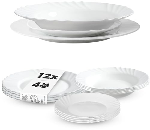 KADAX Geschirrservice 12-teilig, Geschirrset für 4 Personen, Tafelservice mit Suppenteller, Dessertteller & Speiseteller, Tellerset aus Opalglas, Geschirr Set (Weiß)