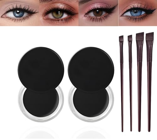 2PCS Black Gel Eyeliner Pot Set with 2 Brushes for Eyes and Brows | High-pigment cream gel, 2 brushes included, for defined eyeliner, brow styling, daily makeup, parties and bold eye looks