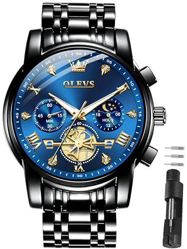 OLEVS Herren Uhren Luxus 42mm Große Quarz Edelstahlarmband 30M Wasserdicht | Armbanduhr Herren Business Chronograph mit Mondphase Luminous Zifferblatt Luxu Speziell für Männer Entwickelt