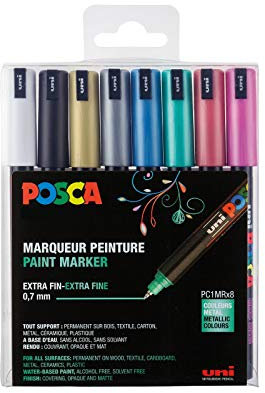 POSCA - Mitsubishi Pencil - 8 Marqueurs Métalliques PC1MR - Pointe Extra Fine 0,7 mm - Marqueurs Peinture À Base d'Eau - Tout Support - Papier, Textile, Verre, Galet
