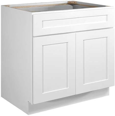 Design House Brookings Shaker Unassembled Sink Base Kitchen Cabinet SB33, 33 W x 24 D x 34.5 H, Painted White with Sherwin Williams, Solid Wood – Design House, 561480