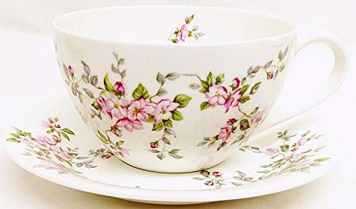 fromeuropewithlove Pink Wild Roses Breakfast Cup & Saucer Fine Bone China Floral Large Cup Saucer Set Hand Decorated in UK