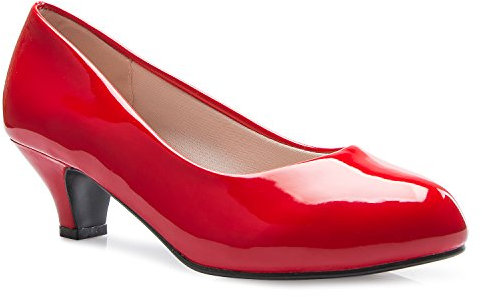 Olivia K Klassische Damen-Pumps mit geschlossenem Zehenbereich | Kleid, Arbeit, Party, niedriger Absatz, Rotes Lackleder, 38.5 EU