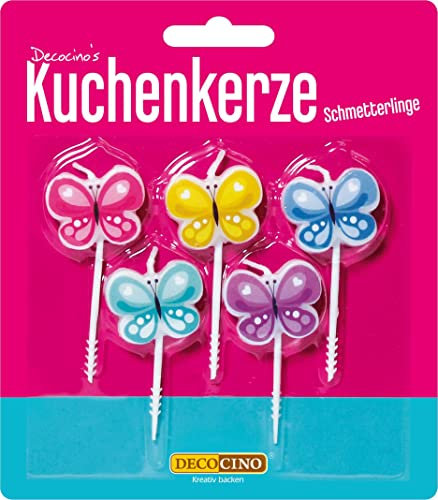 Decocino Kuchenkerze „Schmetterlinge“ Höhe ca.7 cm Back-Deko Torten-Deko Geburtstags-Deko 5 Kerzen-Schmetterlinge Kuchen, Muffins & Torten 32700 Mehrfarbig