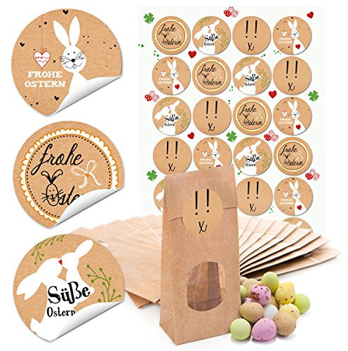 Logbuch-Verlag 10 Ostertüten braun mit Fenster - Papiertüten mit Osteraufkleber 7 x 4 x 20,5 cm - Ostern Verpackung Gebäck Pralinen Lebensmittel