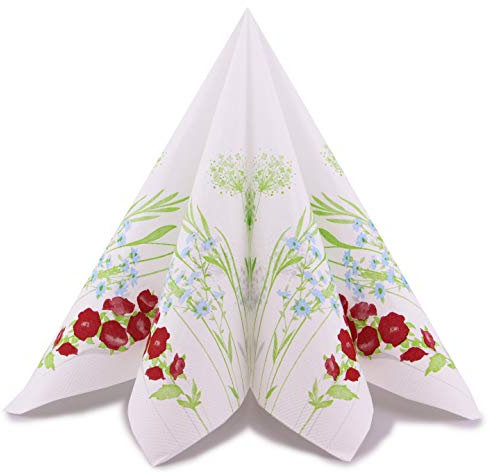 20 Stück Papierservietten EVA 40 x 40 cm Weiss Grün Tissue Servietten 3- lagig Tischdekoration Dinner Sommer Wiesenblumen