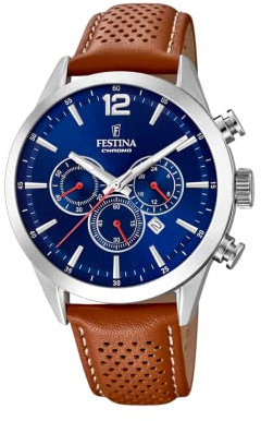 Reloj FESTINA para Hombre F20542/3 Timeless Chronograph Caja de Acero Inoxidable 316l Plateado Correa de Cuero Marrón