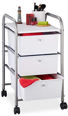 Relaxdays Carrito Auxiliar, 3 Cajones, Metal y Plástico, Carro para Baño, Cosméticos, 60 x 33 x 39 cm, Plateado, Hierro