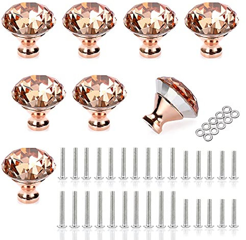 IGNPION 8Pcs Crystal Glass Cabinet Knobs 40mm Diamond Cut Drawer Handle Knob Decorative Cupboard Door Pull Handles for Bedside Cabinet, Dresser and Chest Furniture, Rose Gold