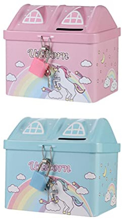 BESPORTBLE 2Pcs Unicorn Piggy Bank House Saving Pot Money Coin Bank Metal Coin Box with Lock for Kids Toddler Children Birthday Present, 11.5X10.5cm