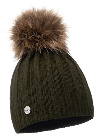 ELIMELI® Kaschmir Mütze Damen Winter warme Strickmütze Wollmütze mit Kaschmir Wintermütze mit Kunstfell Bommel Slouch Strick Beanie Damen für Winter Bommelmütze (Khaki)