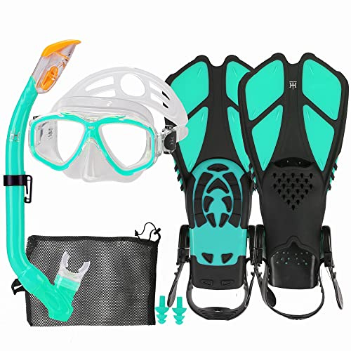 Kids Snorkeling Set with Fins Anti Leak Snorkeling Gear for Kids with Adjustable Flippers, Youth Junior Full Dry Snorkel Set Swimming Goggles with Nose Cover Diving Mask Scuba with Bag, 5-14 Yrs