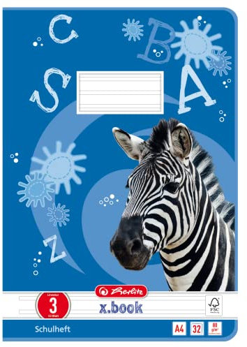 Herlitz 10767283 Heft A4 Lineatur 03, 32 Blatt: Motiv: Zebra, FSC Mix, 20 Stück