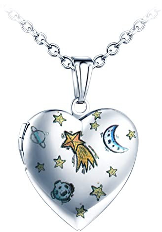 Yumilok Damen Kette Mond Planet Herz Medaillon Foto Anhänger Kette Amulett zum öffnen für Bilder Foto Amulett Halskette für Frauen Mädchen