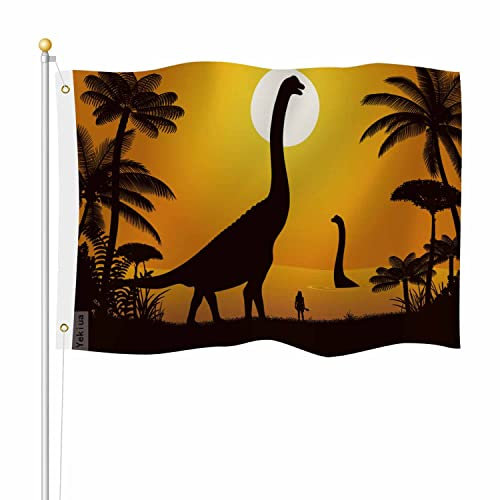 Yekiua Dinosaurier-Flagge, 90 x 150 cm, für den Außenbereich, zwei Abydosaurus, Sonnenuntergang, Premium, stärkste, langlebige Flagge, lebendige Farben mit Messingösen, Orange / Schwarz