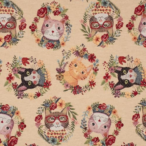 SCHÖNER LEBEN. Dekostoff GobelPremium Spring Cats Katzen Blumenkranz Creme bunt 1,4m