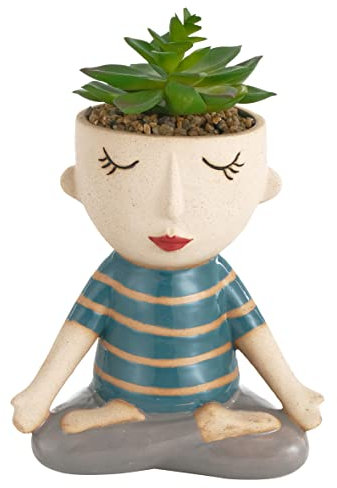 Baroni Home Vaso in Ceramica con Piantina Artificiale, Vaso Decorativo Design con Volto, Soprammobile Moderno Dipinto a Mano, Vasetto Decorativo da Interno e da Esterno, Meditatore Grande, 16x9x23 cm