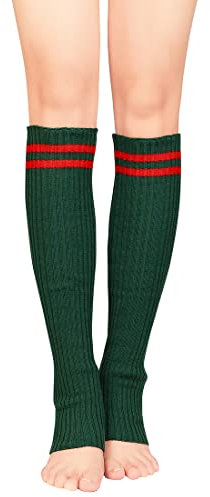 Durio Stulpen Damen Extra Warm Beinwärmer Winter Strick Häkelarbeit Legwarmers Verdicken Stricken Beinstulpen Damen Grün und Rot gestreift Einheitsgröße