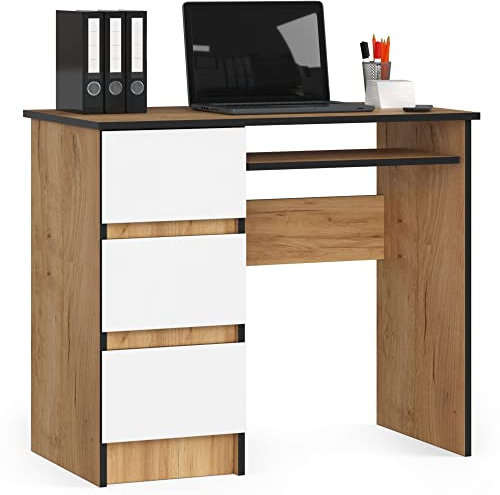 AKORD Schreibtisch A6 90 cm | 3 Schubladen Links | Schreibtisch | Bürotisch | Computertisch | Arbeitstisch | Laptoptisch | Bürmöbel | B90 x H77 x T50 cm | Gewicht 29,95 kg | Craft Eiche/Weiß