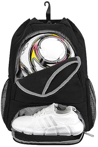 sportsnew Drawstring Football Bag Basketball Backpack String Swimming PE Bag with Shoes Compartment and Wet Pocket, Gym Sackpacks for Men Women, Black