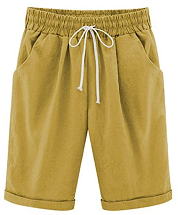oglccg Womens Half Pants Plus Size Knee Length Cotton Linen Shorts w/ Pockets Summer Solid Straight Leg Trousers Drawstring Elastic Waist Bermuda Shorts Casual Work Shorts, #10 Yellow