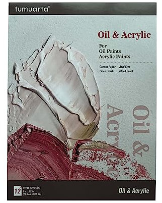 Oil Painting Paper Pad 22.9X30.5 CM, 300 GSM Canvas Paper, 12 Sheets, Acid Free, Glue Bound, Natural White, Bleedproof Mixed Media Paper for Oil Paints, Acrylic, Oil Pastel and More Wet Media.