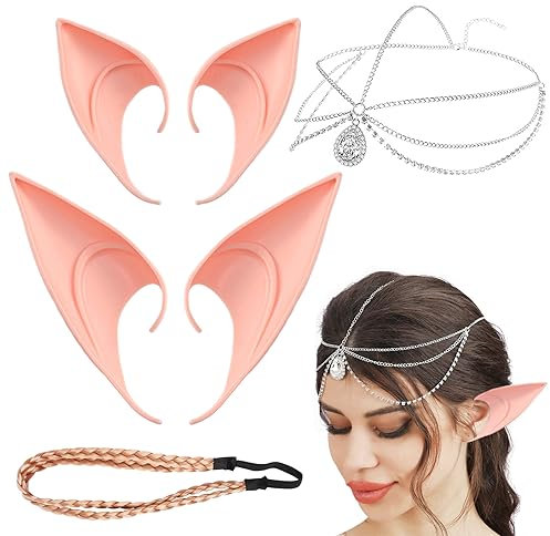Atuoxing 2 Paar Elfenohren Damen, Elf Ears aus Latex mit Haarband Kristall Kopfschmuck, Elfen Ohren für Elfen-Cosplay Halloween Maskerade Deko