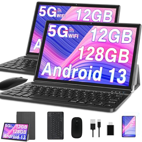 2025 Newest Tablet 10 Pulgadas 12GB RAM+128GB ROM (1TB TF), Android 13 Octa-Core, 5G + 2.4G WiFi, Bluetooth 5.0, GPS, 6000mAh, GMS Certified, 8MP+5MP, Tablet PC con con Funda, Teclado y Ratón, Gris