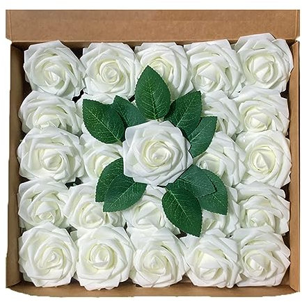 Estanofur State 50pcs de Roses artificielles Blanches avec tiges Ajustables, Fleurs artificielles en Mousse au Toucher simulé,adaptées aux Bouquets de décoration de mariées,Saint Valentin Decoration