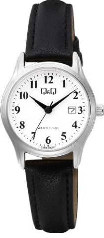 Q&Q Damen-Uhr Leder Armband Datum 3 Bar Analog Quarz (schwarz silberfarbig)