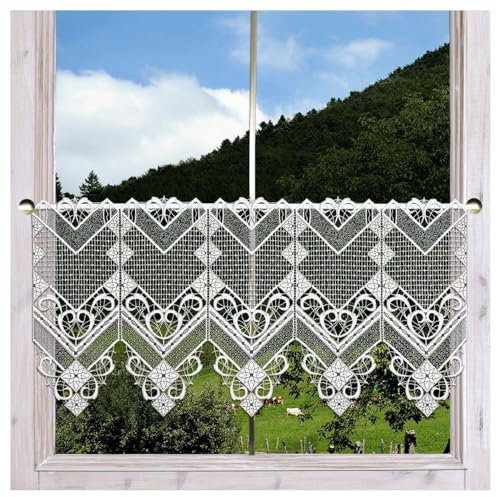 Moderne Kurzgardine Venka aus Echter Plauener Spitze Scheibengardine mit geometrischem Muster in weiß-grau 40 x 112 cm