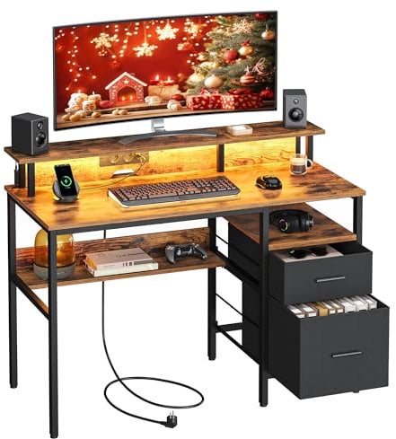 VASAGLE Computer Desk with Fabric Drawers, Study Desk with Monitor Stand, LED Lighting, 55 x 120 x 90 cm, Built-in Power Outlets, 2 USB-A Ports, for Home Office, Rustic Brown LWD093K02